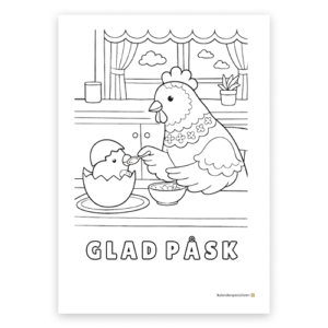 Förhandsvisning av målarbild. En höna matar en kyckling med sked. Kycklingen sitter i sitt ägg, med äggskal på huvudet. Texten "Glad påsk" under motivet.