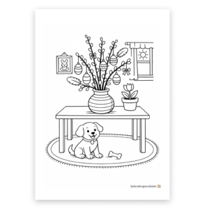 Förhandsvisning av målarblad. Ett påskris står på ett bord, under bordet sitter en hund.