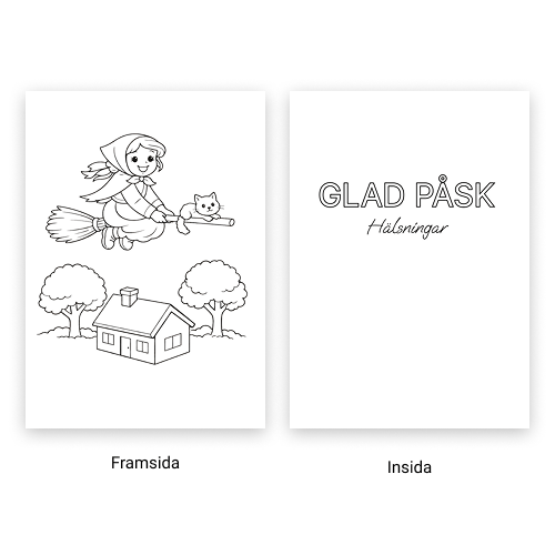 Förhandsvisning av påskkort. Framsidas motiv är en påskkärring som flyger över ett hus. Insidan har texten "Glad påsk, hälsningar".