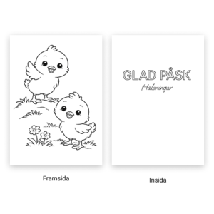 Förhandsvisning av påskkort. Framsidas motiv är två kycklingar. Insidan har texten "Glad påsk, hälsningar".